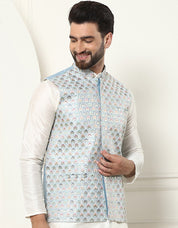 Men's Premium Silk Multi Colored Embroidered Sky Blue Nehru Jacket