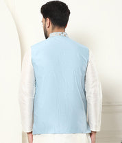 Men's Premium Silk Multi Colored Embroidered Sky Blue Nehru Jacket