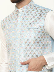 Men's Premium Silk Multi Colored Embroidered Sky Blue Nehru Jacket