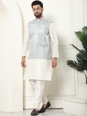 Men's Premium Silk Multi Colored Embroidered Sky Blue Nehru Jacket