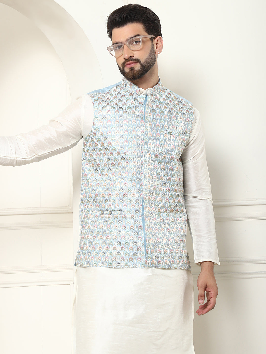 Men's Premium Silk Multi Colored Embroidered Sky Blue Nehru Jacket