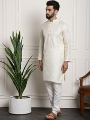 Men's Off-White Jacquard Silk Kurta & Churidaar Pyjama