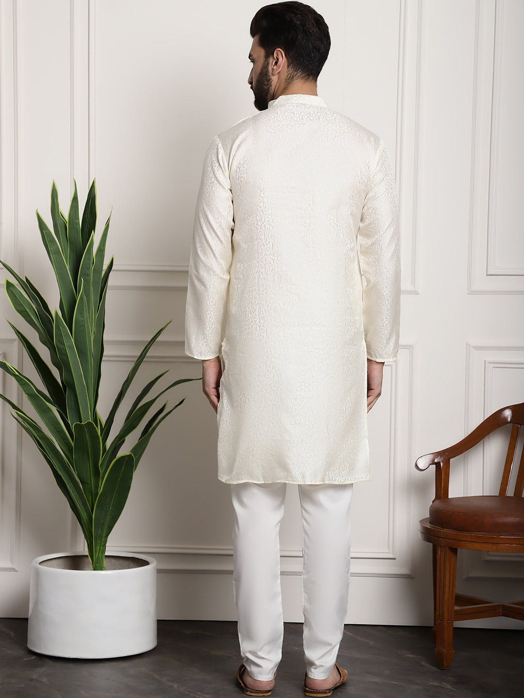 Men's Off-White Jacquard Silk Long Kurta