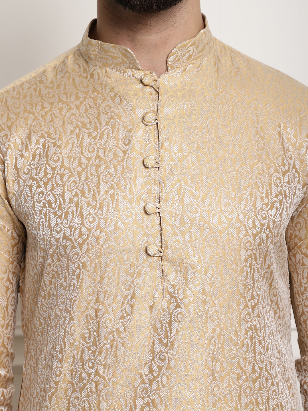 Men's Gold Jacquard Silk Long Kurta