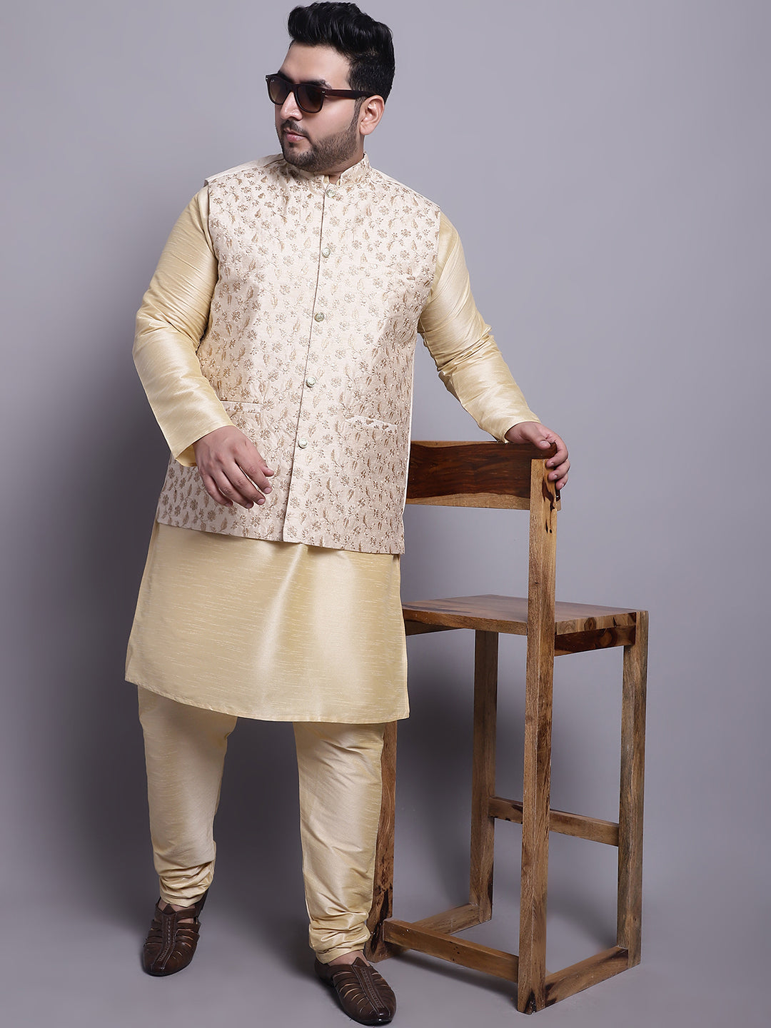 Men's Silk Gold Kurta &Pyjama Beige Emb Nehrujacket Set