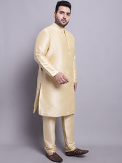 Men's Silk Gold Kurta &Pyjama Beige Emb Nehrujacket Set