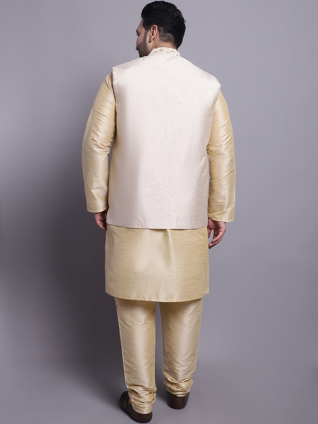 Men's Silk Gold Kurta &Pyjama Beige Emb Nehrujacket Set