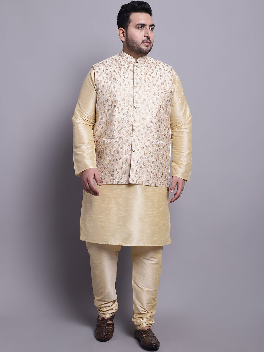 Men's Silk Gold Kurta &Pyjama Beige Emb Nehrujacket Set