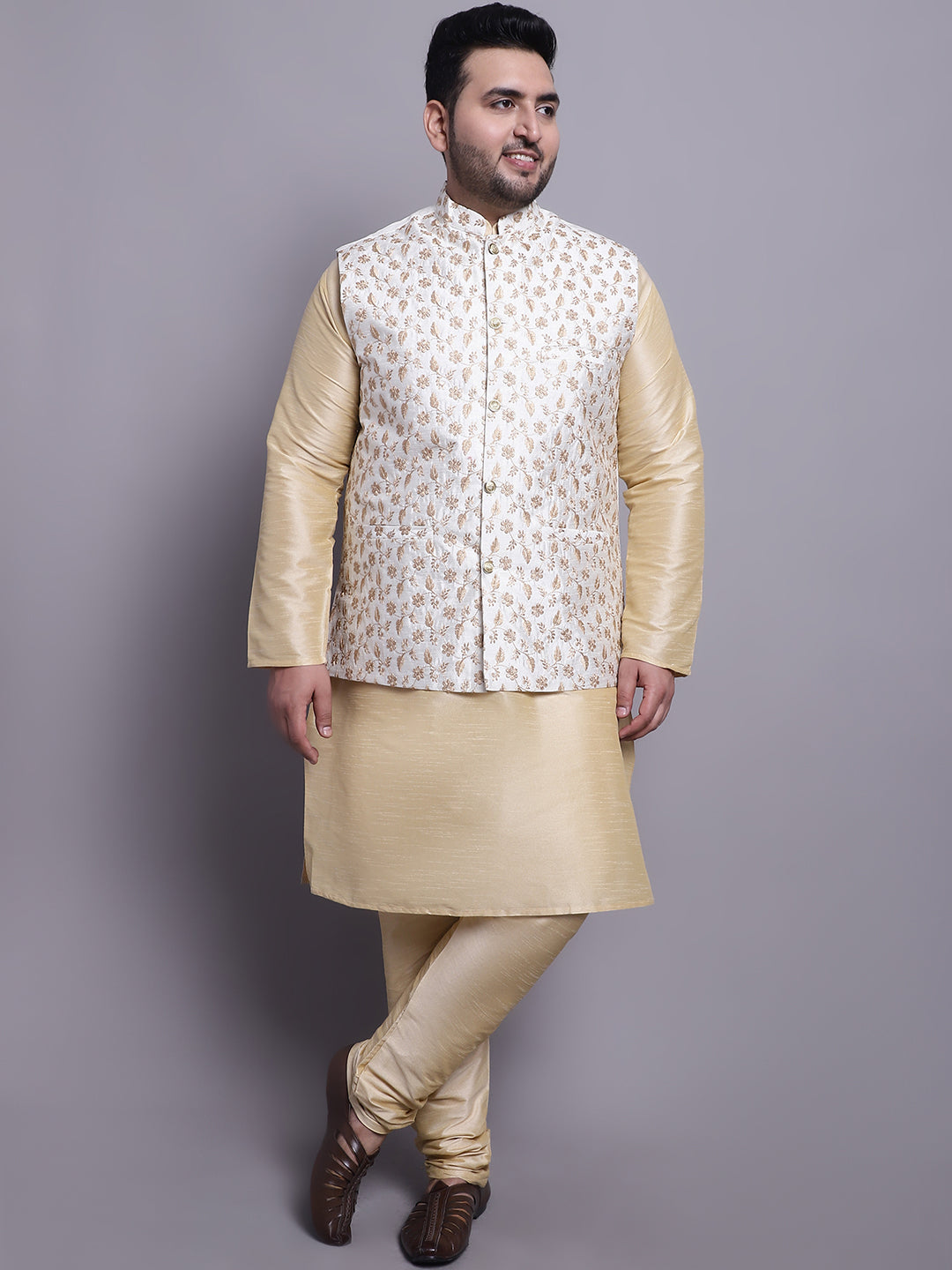 Men's Silk Gold Kurta &Pyjama Cream Emb Nehrujacket Set