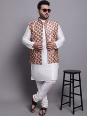 Men's Silk Blend Cream Kurta & Pyjama With Printed Nehrujacket