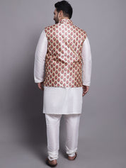 Men's Silk Blend Cream Kurta & Pyjama With Printed Nehrujacket