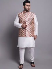 Men's Silk Blend Cream Kurta & Pyjama With Printed Nehrujacket