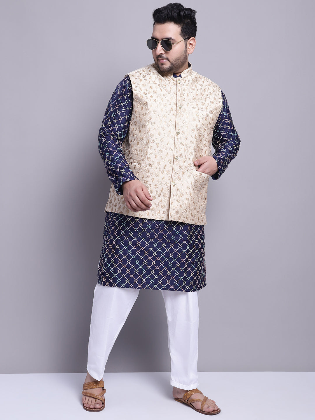 Men's Silk Blend Navy Blue Kurta and Cream Pyjama With Beige Emb Nehrujacket