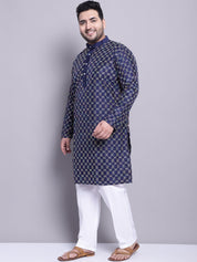 Men's Silk Blend Navy Blue Kurta and Cream Pyjama With Beige Emb Nehrujacket