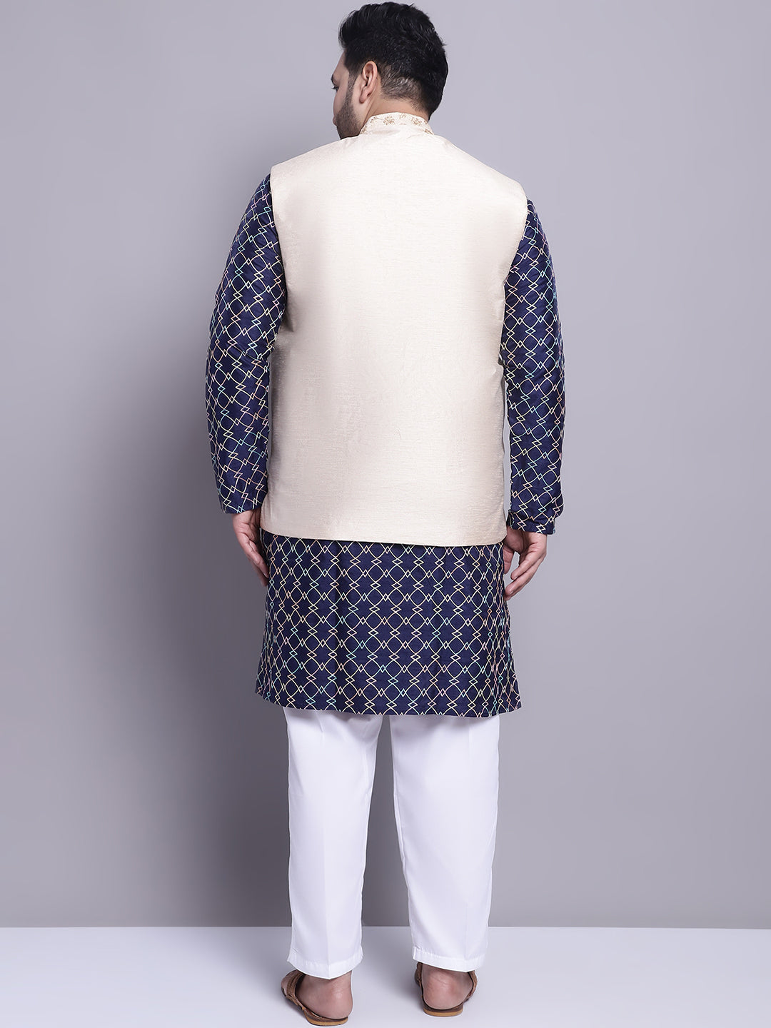 Men's Silk Blend Navy Blue Kurta and Cream Pyjama With Beige Emb Nehrujacket