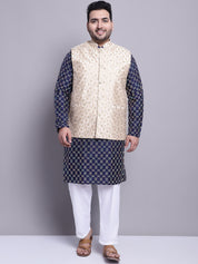 Men's Silk Blend Navy Blue Kurta and Cream Pyjama With Beige Emb Nehrujacket