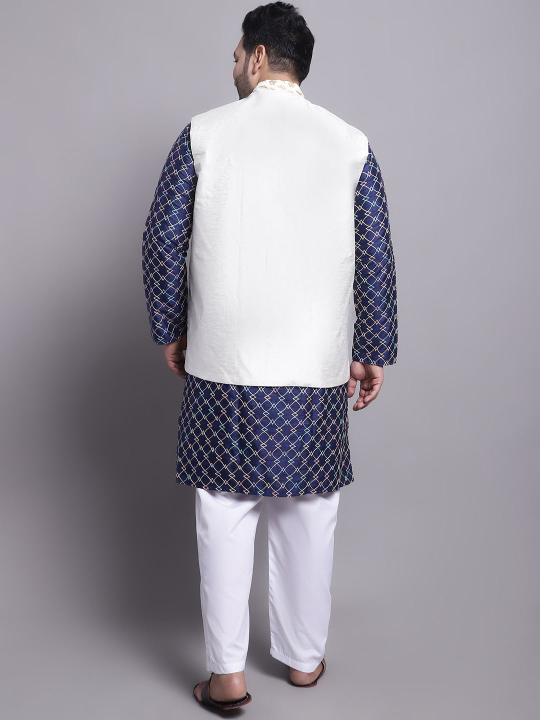 Men's Silk Blend Navy Blue Kurta and Cream Pyjama With Cream Emb Nehrujacket