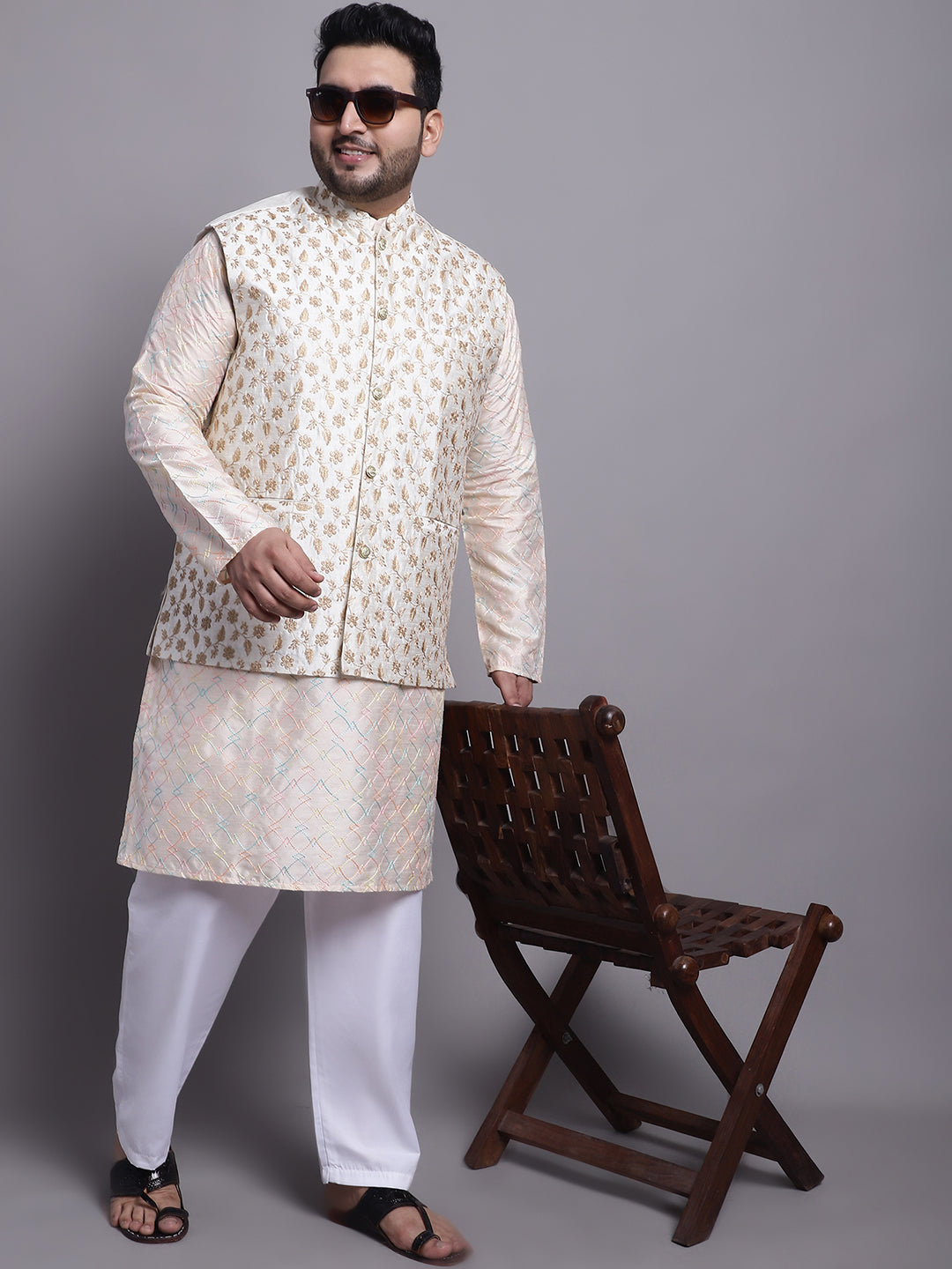 Men's Silk Blend Cream Kurta and Cream Pyjama With Cream Emb Nehrujacket