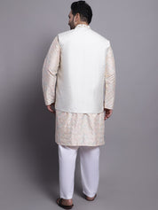 Men's Silk Blend Cream Kurta and Cream Pyjama With Cream Emb Nehrujacket