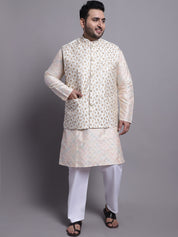 Men's Silk Blend Cream Kurta and Cream Pyjama With Cream Emb Nehrujacket