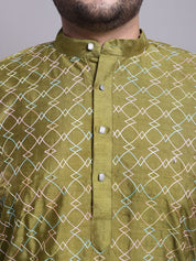 Men's Silk Blend Olive Kurta and Cream Pyjama With Cream Emb Nehrujacket
