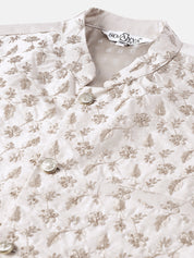 Men's Silk Blend Olive Kurta and Cream Pyjama With Cream Emb Nehrujacket