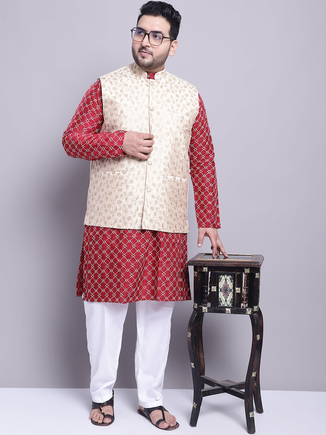 Men's Silk Blend Maroon Kurta and Cream Pyjama With Beige Emb Nehrujacket