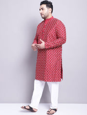 Men's Silk Blend Maroon Kurta and Cream Pyjama With Beige Emb Nehrujacket