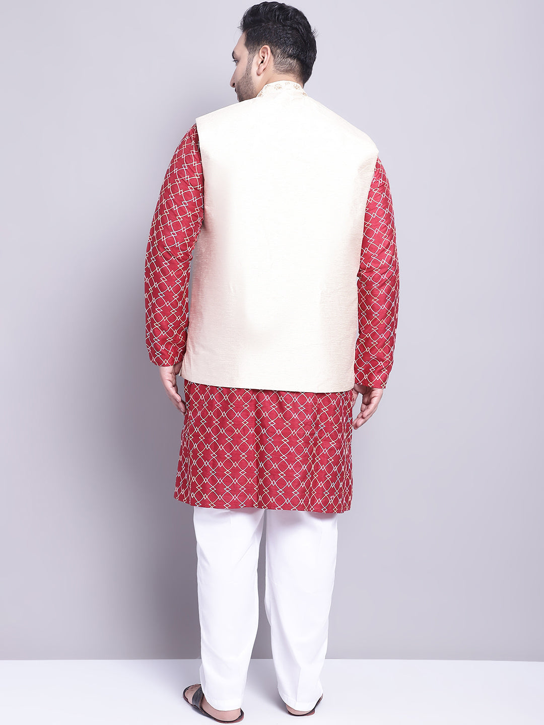 Men's Silk Blend Maroon Kurta and Cream Pyjama With Beige Emb Nehrujacket