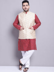 Men's Silk Blend Maroon Kurta and Cream Pyjama With Beige Emb Nehrujacket