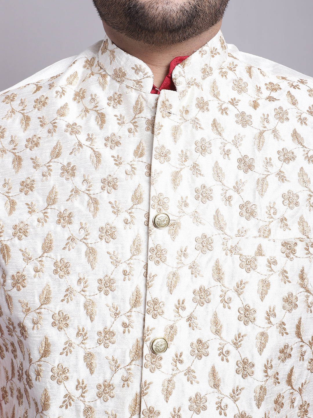 Men's Silk Blend Maroon Kurta and Cream Pyjama With Cream Emb Nehrujacket