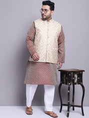 Men's Silk Blend Maroon Kurta & Beige Emb Nehrujacket With White Pyjama