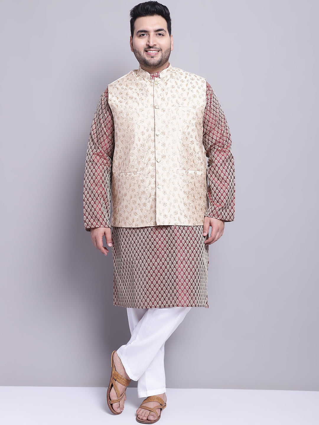 Men's Silk Blend Maroon Kurta & Beige Emb Nehrujacket With White Pyjama