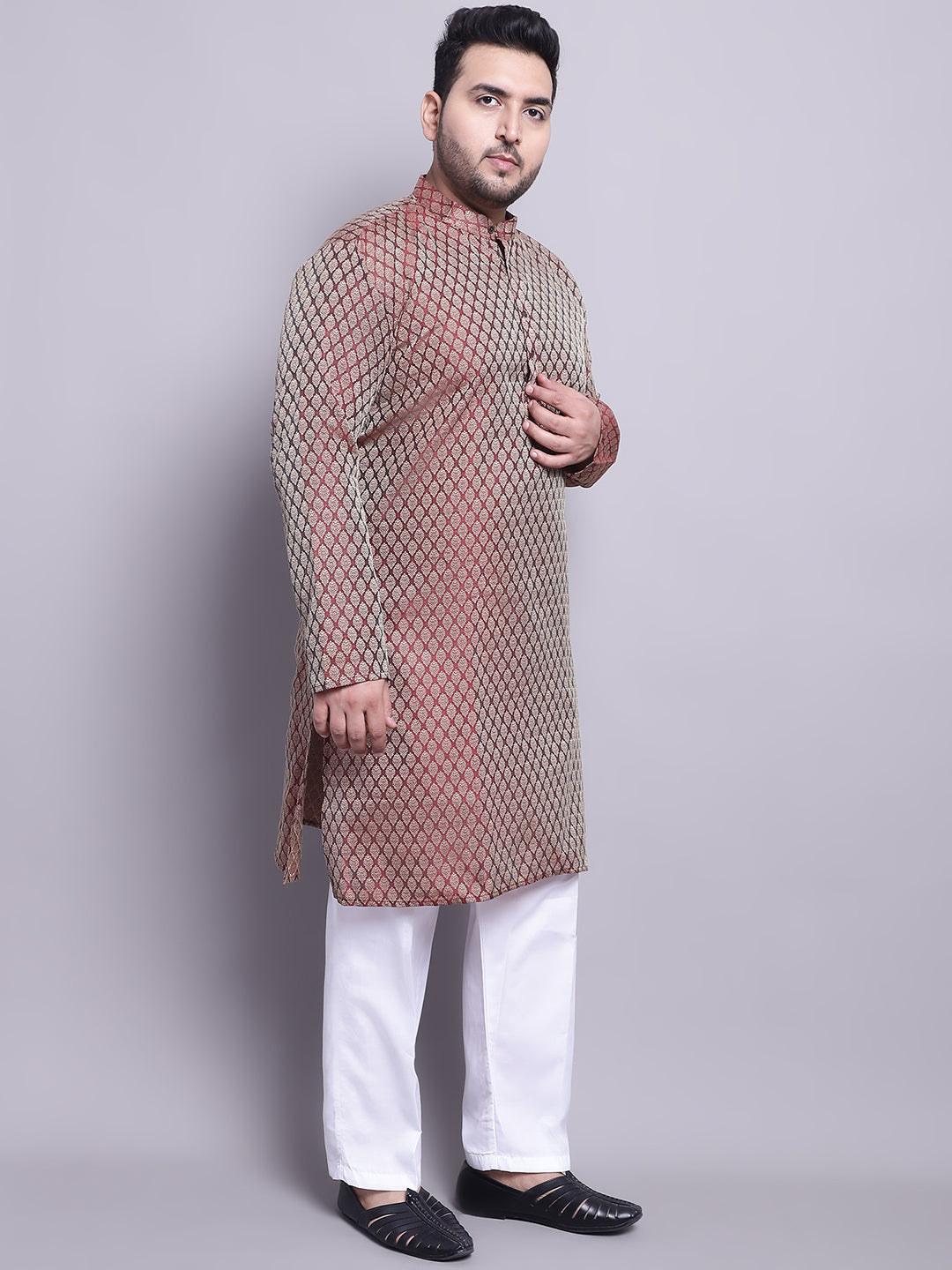 Men's Silk Blend Maroon Kurta & Mustard Nehrujacket With White Pyjama