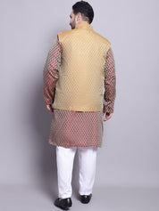 Men's Silk Blend Maroon Kurta & Mustard Nehrujacket With White Pyjama