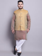 Men's Silk Blend Maroon Kurta & Mustard Nehrujacket With White Pyjama