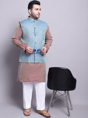 Men's Silk Blend Maroon Kurta & PBlue Nehrujacket With White Pyjama