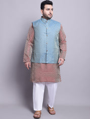 Men's Silk Blend Maroon Kurta & PBlue Nehrujacket With White Pyjama