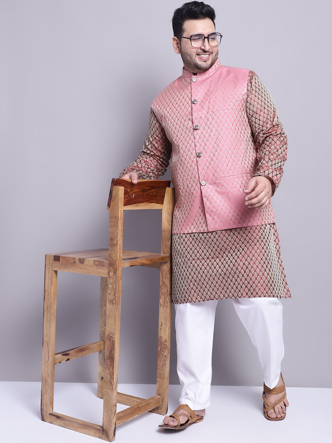 Men's Silk Blend Maroon Kurta & Pink Nehrujacket With White Pyjama