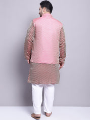 Men's Silk Blend Maroon Kurta & Pink Nehrujacket With White Pyjama