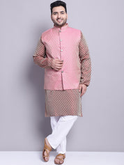 Men's Silk Blend Maroon Kurta & Pink Nehrujacket With White Pyjama