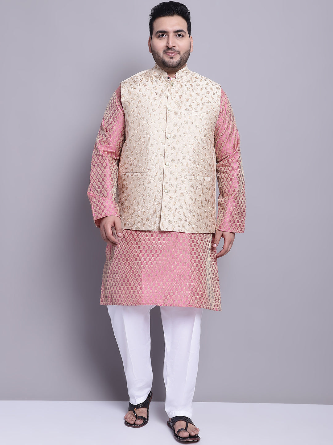 Men's Silk Blend Pink Kurta & Beige Emb Nehrujacket With White Pyjama