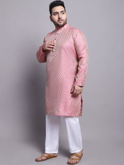Men's Silk Blend Pink Kurta & Yellow Printed Nehrujacket With White Pyjama