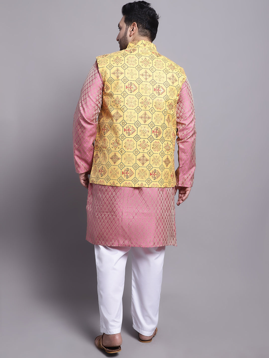 Men's Silk Blend Pink Kurta & Yellow Printed Nehrujacket With White Pyjama