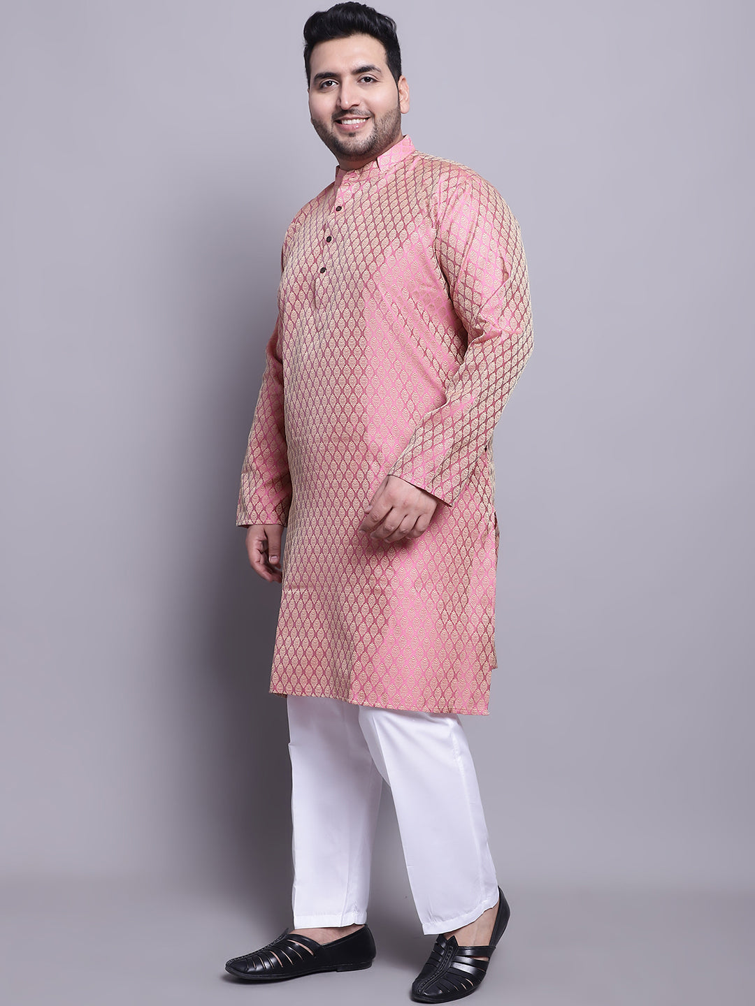 Men's Silk Blend Pink Kurta & Cream Printed Nehrujacket With White Pyjama