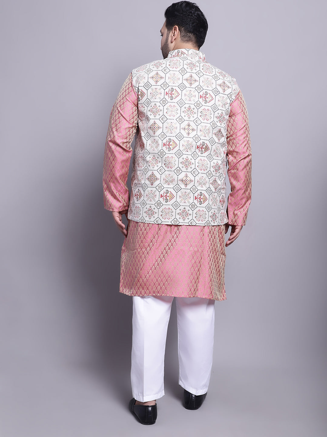 Men's Silk Blend Pink Kurta & Cream Printed Nehrujacket With White Pyjama