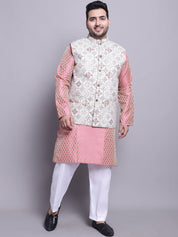 Men's Silk Blend Pink Kurta & Cream Printed Nehrujacket With White Pyjama