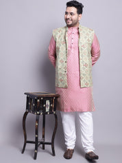 Men's Silk Blend Pink Kurta & PGreen Printed Nehrujacket With White Pyjama