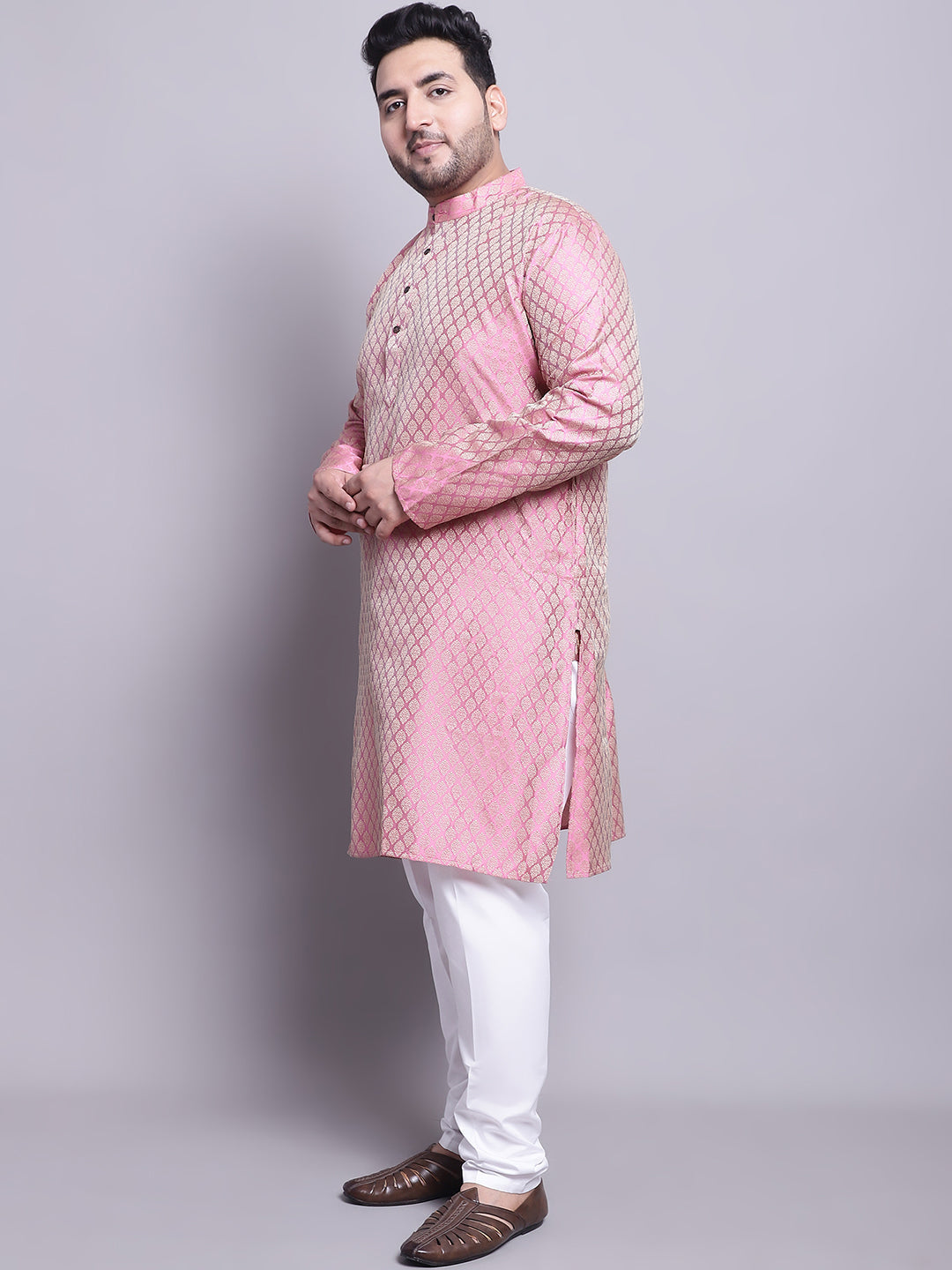 Men's Silk Blend Pink Kurta & PGreen Printed Nehrujacket With White Pyjama