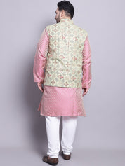 Men's Silk Blend Pink Kurta & PGreen Printed Nehrujacket With White Pyjama